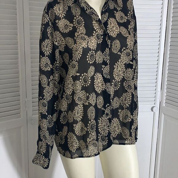 Vintage 90’s Sheer Black Floral All Over Print Button Down Long Sleeve Shirt Siz - Picture 1 of 11